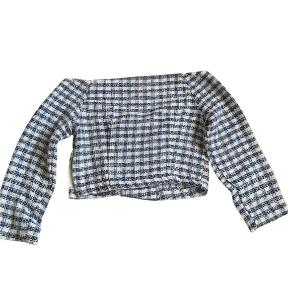 Zara Blue and White Tweed Off-Shoulder Crop Top - Small - Picture 4 of 9